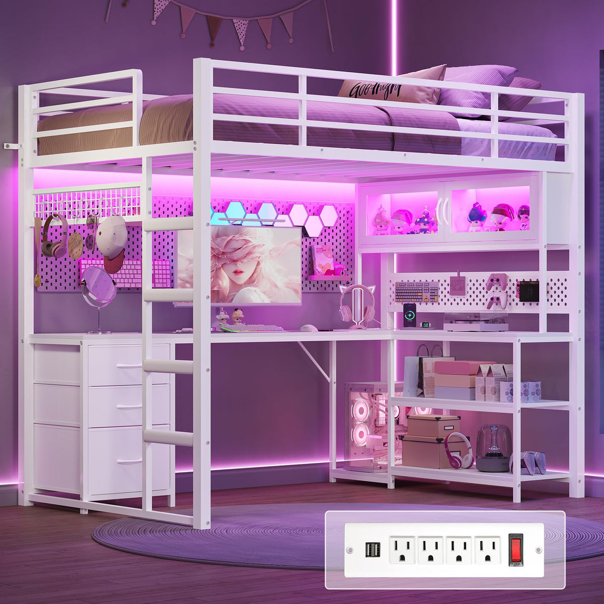 ADORNEVE Twin Size Loft Bed with L-Shaped Desk, Storage Drawers & RGB Arcylic Cabinet, Expanded Safety Power Outlet, Metal LED Loft Bed Frame with Wide Ladder, for Teen Girls, White ADORNEVE