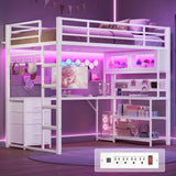 ADORNEVE Twin Size Loft Bed with L-Shaped Desk, Storage Drawers & RGB Arcylic Cabinet, Expanded Safety Power Outlet, Metal LED Loft Bed Frame with Wide Ladder, for Teen Girls, White ADORNEVE