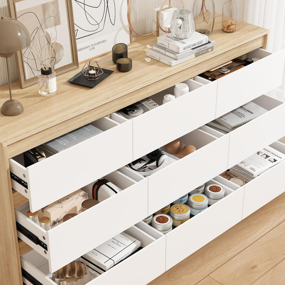 FUFU&GAGA 9 Drawer Dresser Chest of Drawers, 63” Wide Dressers, Modern Wood Drawer Chest Storage Organizer, No Handle Design, for Bedroom Living Room Hallway, Oak and White, 63”W x 15.7”D x 31.5”H FUFU&GAGA