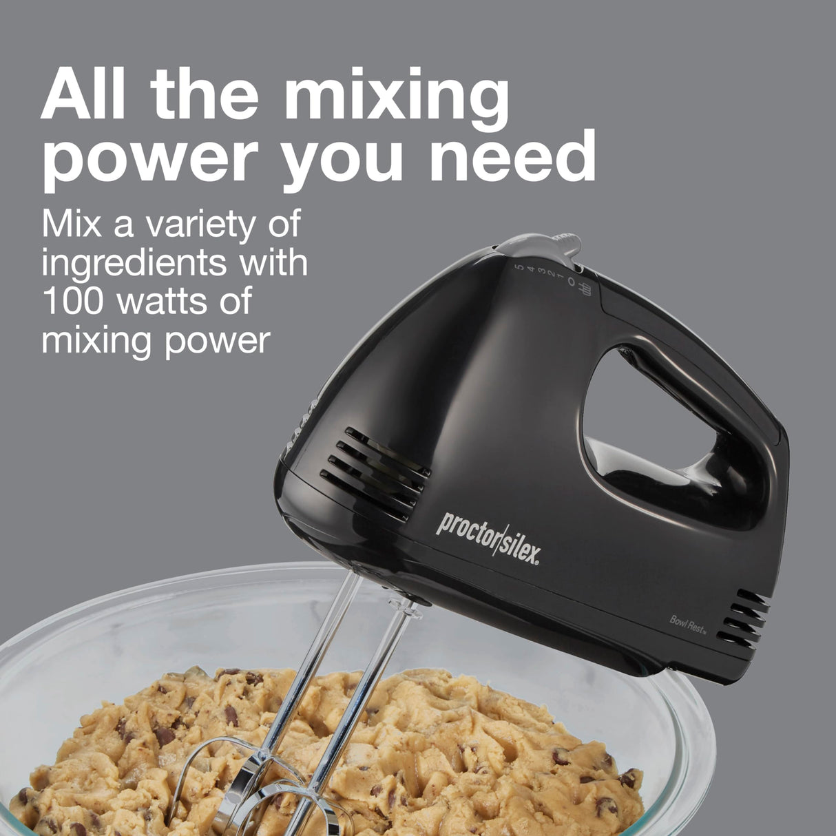 Proctor Silex Easy Mix 5-Speed Electric Hand Mixer with Bowl Rest, Compact and Lightweight, 100 Watts of Peak Power, Black Proctor Silex