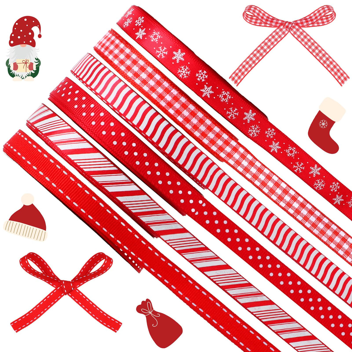 HunnmingRe 60 Yards 3/8" Christmas Ribbon for Crafts Red and White Thin Grosgrain Ribbon Christmas Ribbon for Gift Wrapping DIY Holiday Xmas Decorations Hair Bow Festival Holiday Party HunnmingRe