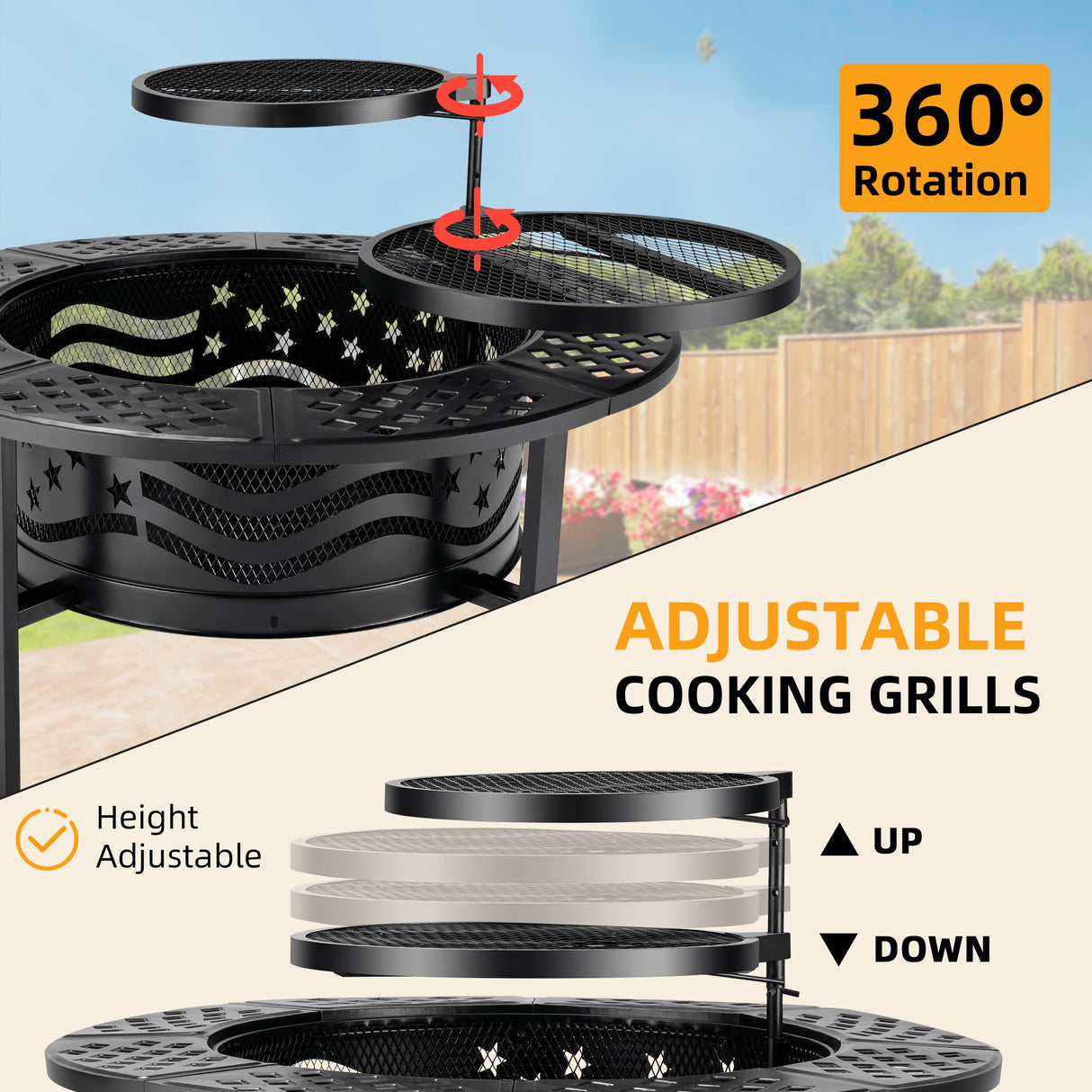 PrimeZone 42" Outdoor Fire Pit with 2 Grills - Wood Burning Firepit for Outside with Cover & Poker, Heavy Duty Metal Fire Pit Large Round Fireplace for Patio, Backyard, Picnic, Camping, Bonfire PrimeZone