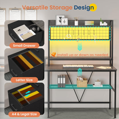 VIGKOOK U Shaped Gaming Desk with Hutch, 98.4in Reversible L Shaped Computer Desk with Power Outlets, Home Office Desk LED Light, Monitor Stand 3 Drawers Shelves Pegboard 6 Hooks (Grey) - WoodArtSupply