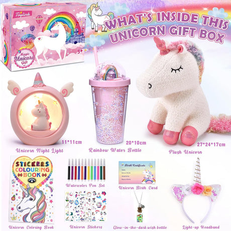 Toylink Unicorn Gift for Girls Toy Age 3 4 5 6 7 8 with Plush Stuffed Animal Water Bottle Night Light Headband DIY Color Book Pen, Christmas Birthday Gifts Idea Toys for Little Girl 3-10 Years Old Toylink