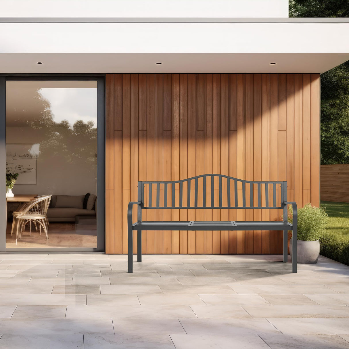 BODIOO Outdoor Metal Garden Bench 59" Patio Bench with Built in Table Park Bench, Outside Bench Weather Proof Front Porch Bench, 500lbs BODIOO