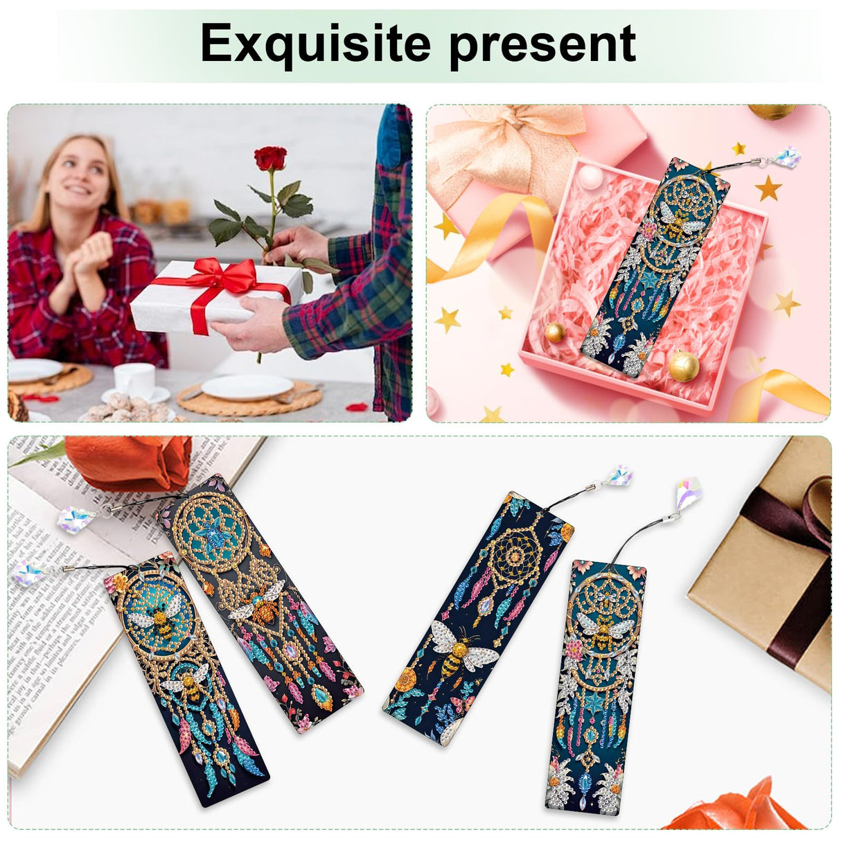 MVVMTOP 4pcs 5D Diamond Art Painting Bookmarks with Crystal Pendant, DIY Dreamcatcher & Bees, Pecial Shape Crystal Diamond Partial Art Bookmarks for Book Lovers MVVMTOP