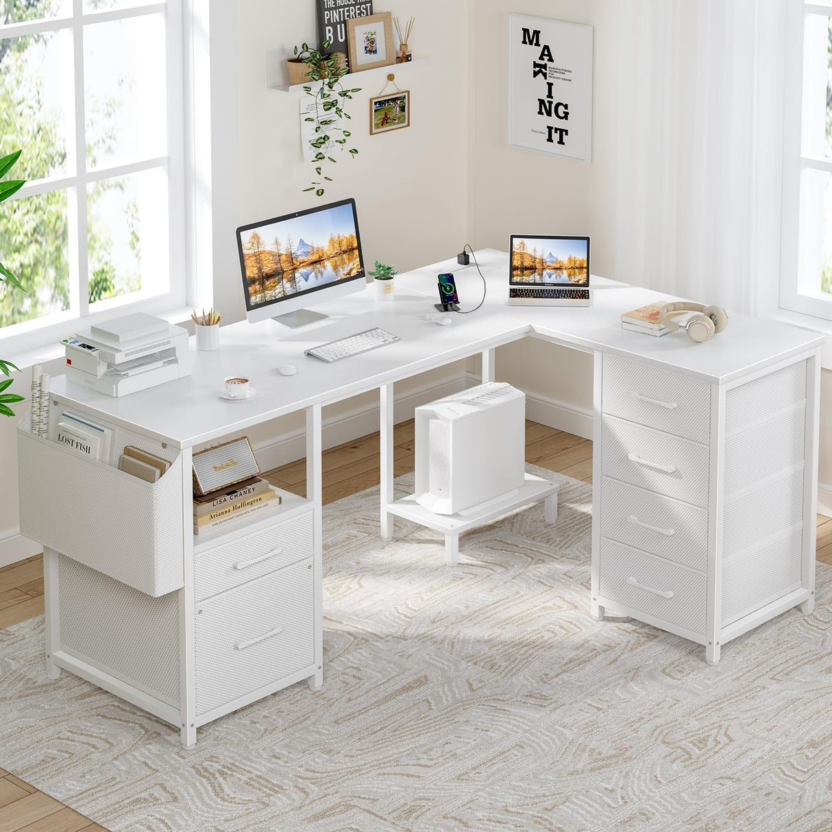 White L Shaped Desk with File Cabinet, 53 Inch Corner Office Desk with Storage Drawers Reversible, L-Shaped Computer Desks with Filling Drawer & Power Outlets for Home Office PC Work Study Wiriting DLisiting