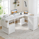 White L Shaped Desk with File Cabinet, 53 Inch Corner Office Desk with Storage Drawers Reversible, L-Shaped Computer Desks with Filling Drawer & Power Outlets for Home Office PC Work Study Wiriting DLisiting
