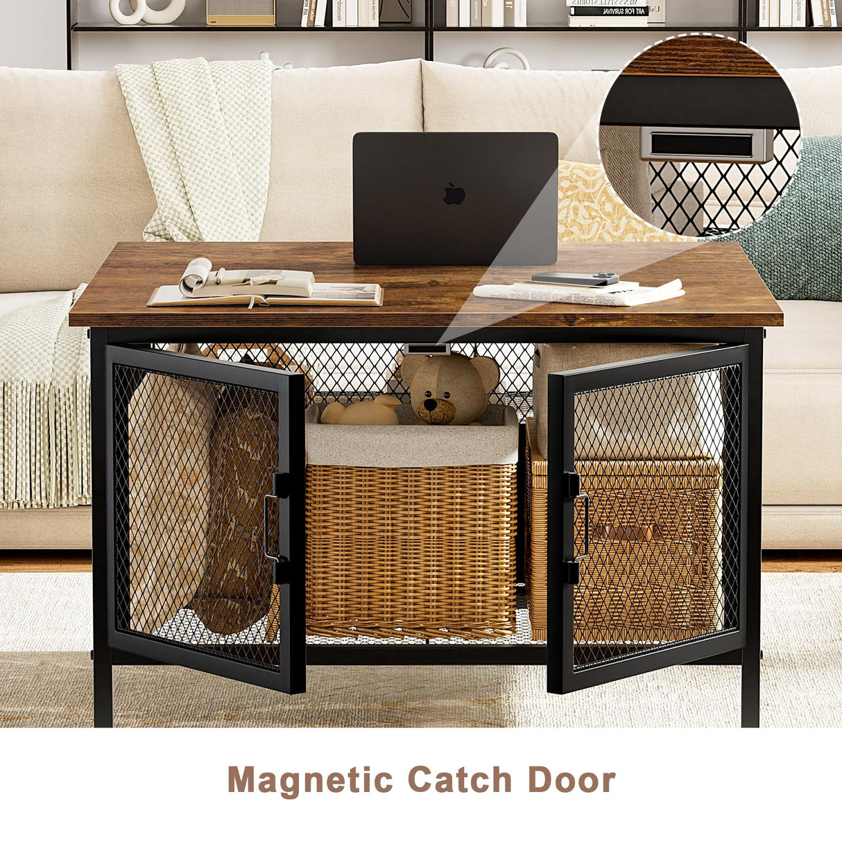 FABATO Flip Top Coffee Table, Square Coffee Tables Metal Wood, Farmhouse Lift Up Coffee Table Cocktail Table with Wire Mesh Barn Door and Storage, Steel Frame, Small Tea Table for Living Room, Black FABATO