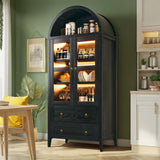 71" Tall Arched Kitchen Pantry, Pantry Cabinet with LED Lights, Kitchen Storage Cabinets with 2 Large Drawers & Adjustable Shelves & Glass Door for Living Room, Dining Room, Black LIMGLIM