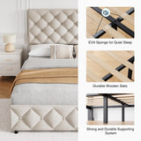 SLEKVERSA Queen Size Bed Frame with 4 Drawers and Headboard, Tufted Design, Linen Upholstered Platform Bed Frame, Wooden Slat, No Box Spring Need, Beige SLEKVERSA