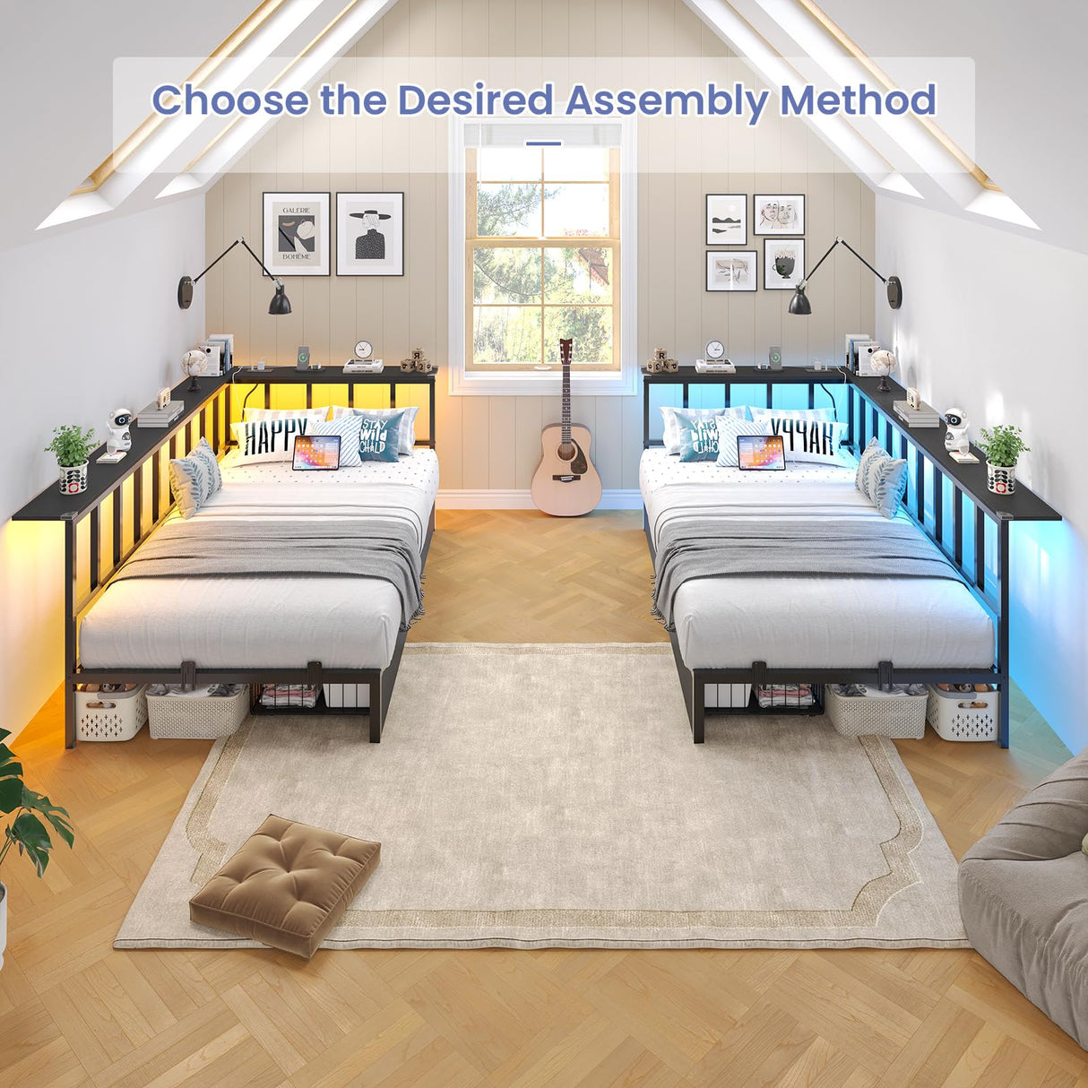 Hasuit Twin Corner Bed Frame with 2 Storage Drawers, Modern Twin Daybed with Charging Station and LED Lights for Kids Teenagers, Metal Platform Bed Frame for Bedroom, Living Room, Guest Room, Black Hasuit