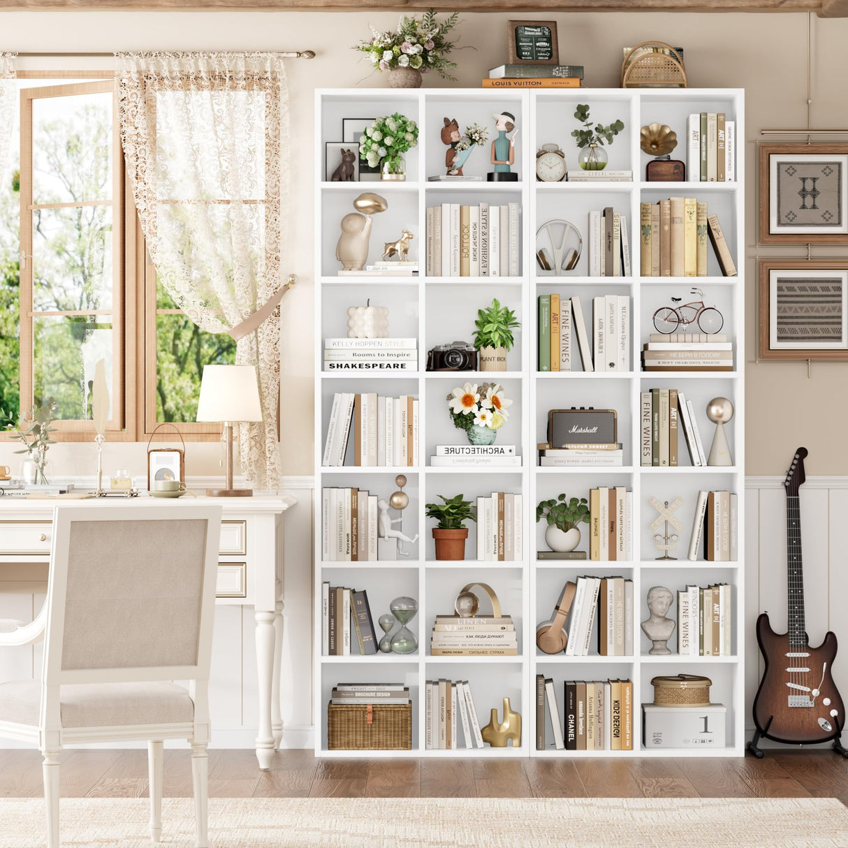 FOTOSOK 71'' Tall Bookshelf, Double Wide Media Tower Rack CD DVD Rack Display Cabinet with Adjustable Shelves, Tall Narrow Bookcase White Bookshelf Cube Shelf for Home Office, White FOTOSOK