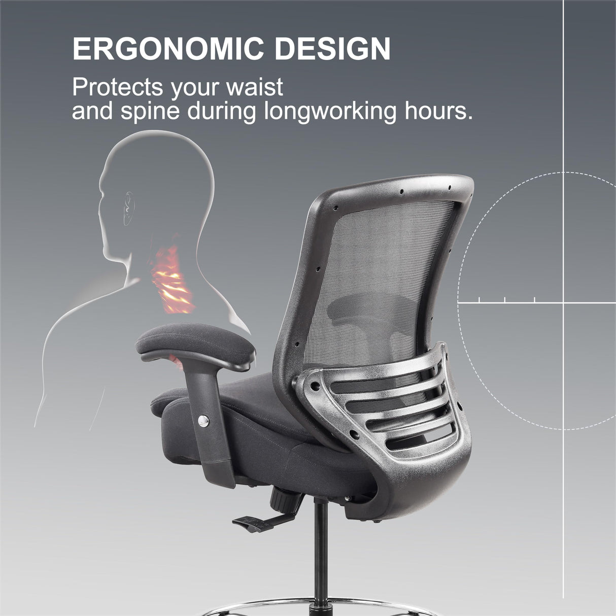 WITTLONG 400lbs Drafting Chair with Extra Seat Cushion Tall Office Chair with Soft Armrests Executive Computer Standing Desk Chair with Lumbar Support and Enlarged Adjustable Footring-Black WITTLONG