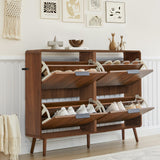 47" Fluted Large Shoe Cabinet with 4 Flip Drawers, Slim Freestanding Shoe Cabinet Organizer, Narrow Shoes Storage Rack for Entryway, 5 Sturdy Legs (All Walnut, 9.45" D x 47.24" W x 35.83" H) FurSch