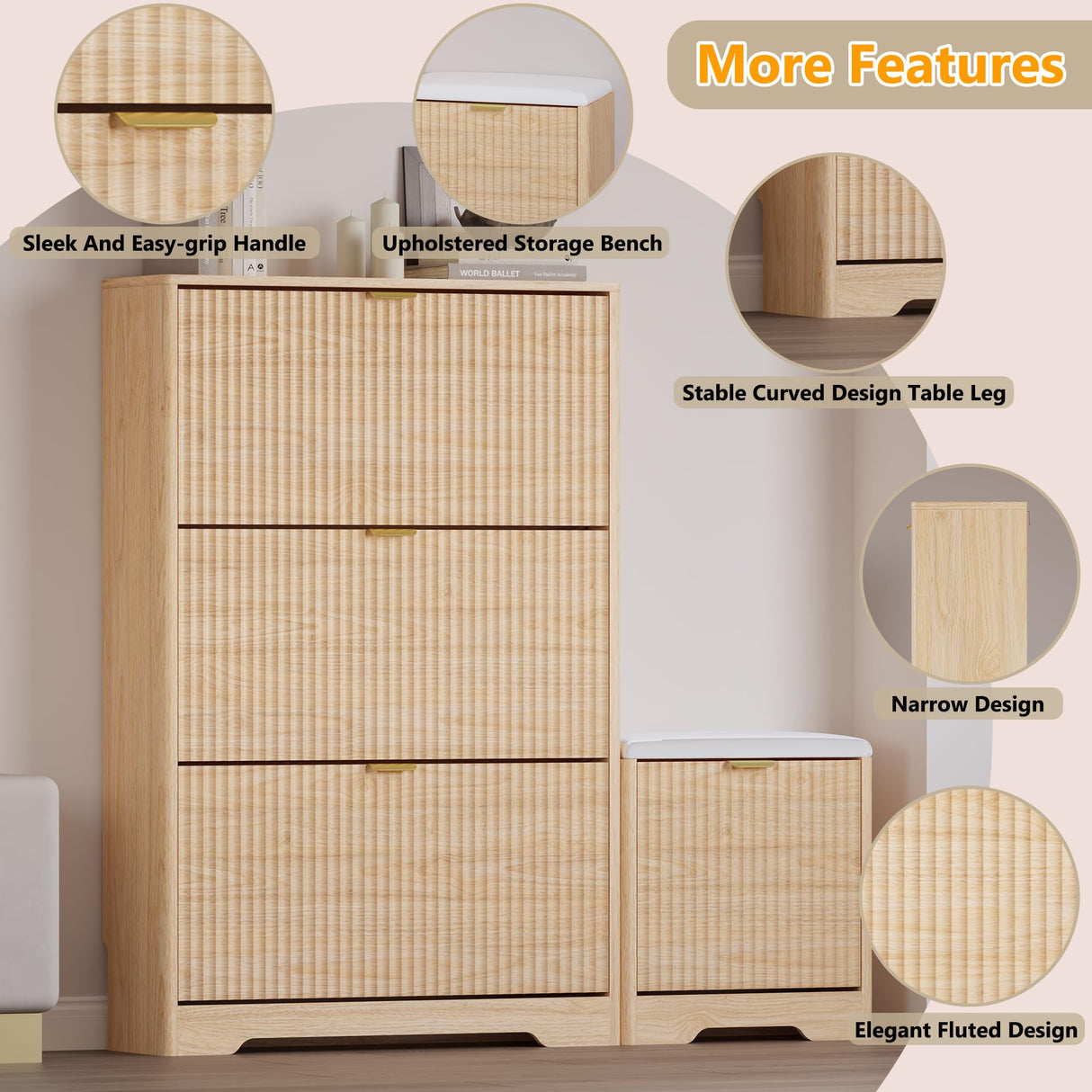 BORNOON Slim Shoe Cabinet with Bench for Entryway, Hidden Storage and Adjustable Shelves, Free Standing Wooden Shoes Organizer for Foyer, Hallway BORNOON