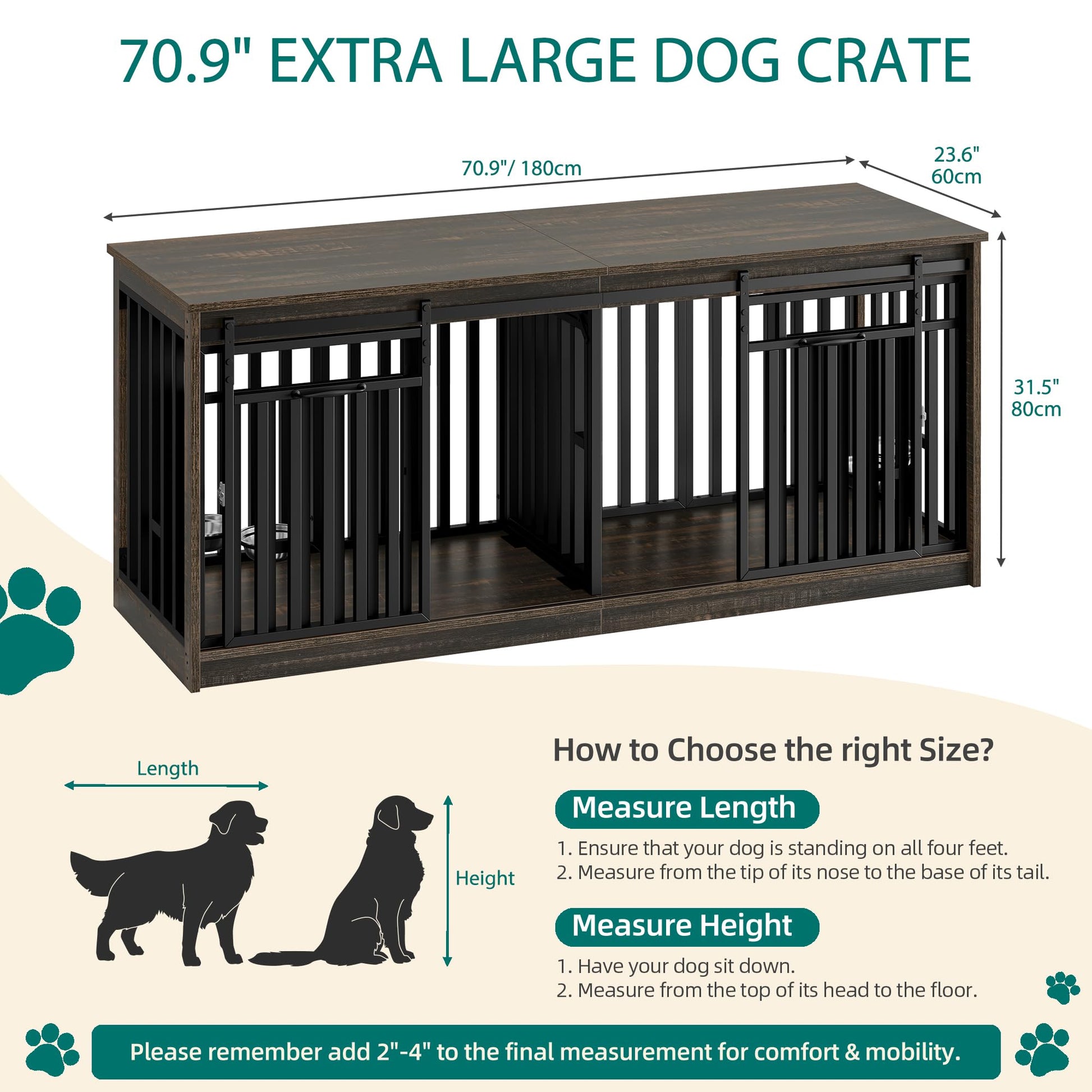 YITAHOME 71 Inch Double Dog Crate Furniture for 2 Dogs, Heavy Duty Wooden Dog Crate TV Stand with 4 Dog Bowls, Dog Kennel Indoor Furniture Sliding Barn Door Design for Extra Large Dogs, Black - WoodArtSupply