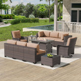 Gotland 11 Pieces Outdoor Patio Furniture Set with 2 Swivel Rocking Chairs&55,000 BTU Gas Fire Pit Table w/Glass Wind Guard Patio Conversation Sectional Sofa Sets-Khaki Gotland