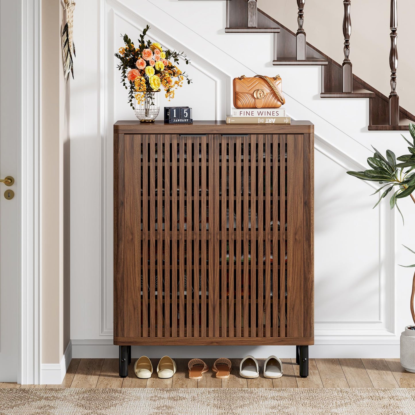 Tribesigns 6-Tier Shoe Cabinet with Louvered Doors, Large Wooden Shoe Storage Cabinet with Adjustable Shelves, Modern Freestanding Shoe Organizer Cabinet for Entryway, Hallway (Walnut) - WoodArtSupply