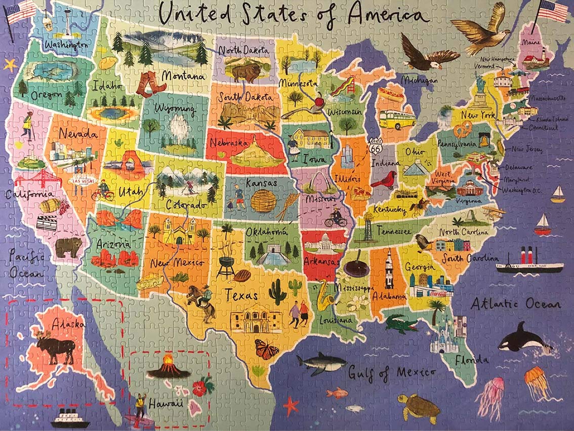1000-piece USA Map Jigsaw Puzzle & Poster 50 States | Illustrated American Landmarks | Rainy Day, Fun at Home Activities, Travel Gifts, Birthday Present, Wall Art Talking Tables