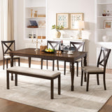 AMERLIFE 6 Piece Farmhouse Dining Table Set, 71'' Solid Wood Table with Upholstered Chairs & Bench, Seating for 6, for Kitchen or Dining Room, Brown & Black AMERLIFE