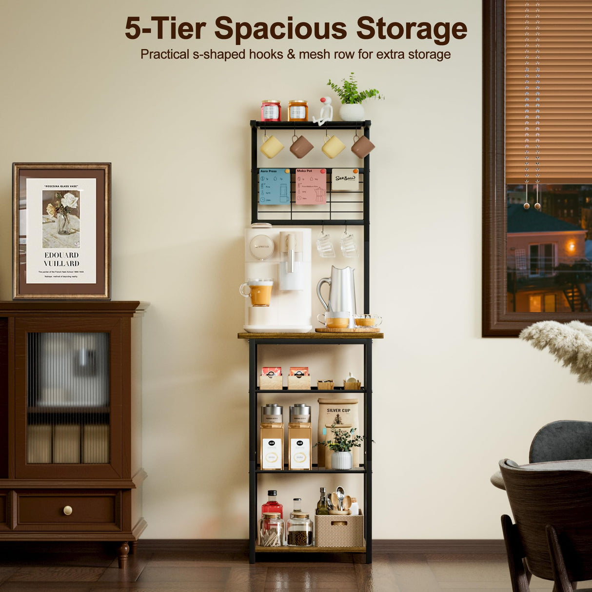 BUTUNITA Coffee Bar Station with 5 Tiers - Small Coffe Bar Kitchen Shelf with 4 S-Shaped Hooks - Corner Storage Baker's Rack for Small Spaces, Entryways, and Living Rooms BUTUNITA