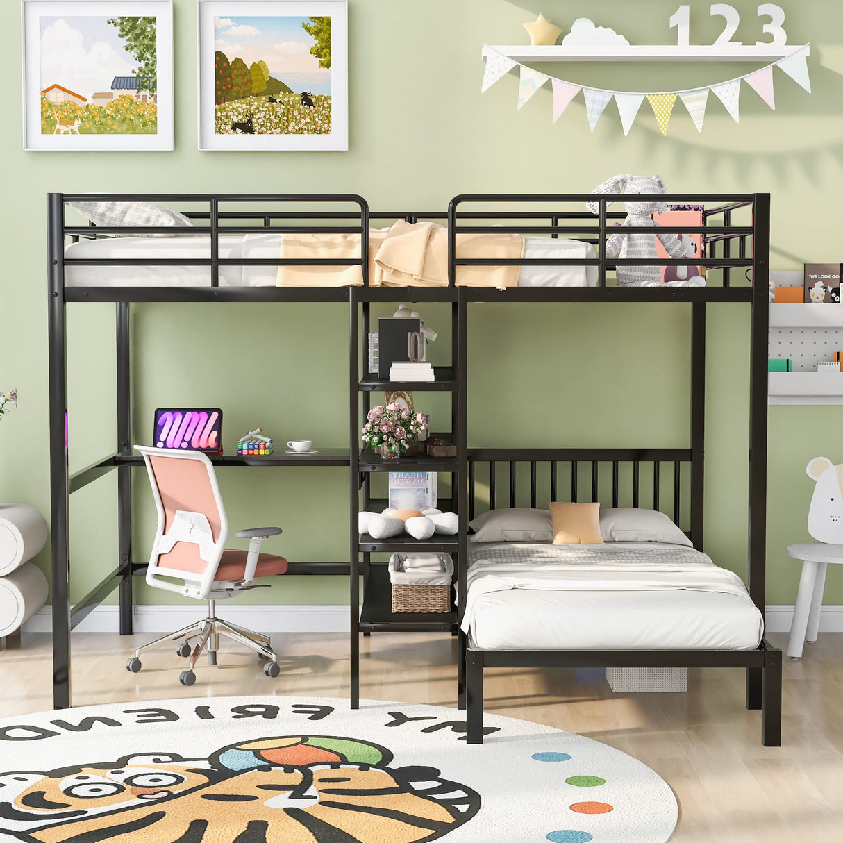 Merax Full Over Twin Metal Bunk Bed, L Shaped Loft Bed Frame with Built-in Desk, Shelves, and Ladder, Black Merax