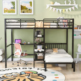 Merax Full Over Twin Metal Bunk Bed, L Shaped Loft Bed Frame with Built-in Desk, Shelves, and Ladder, Black Merax