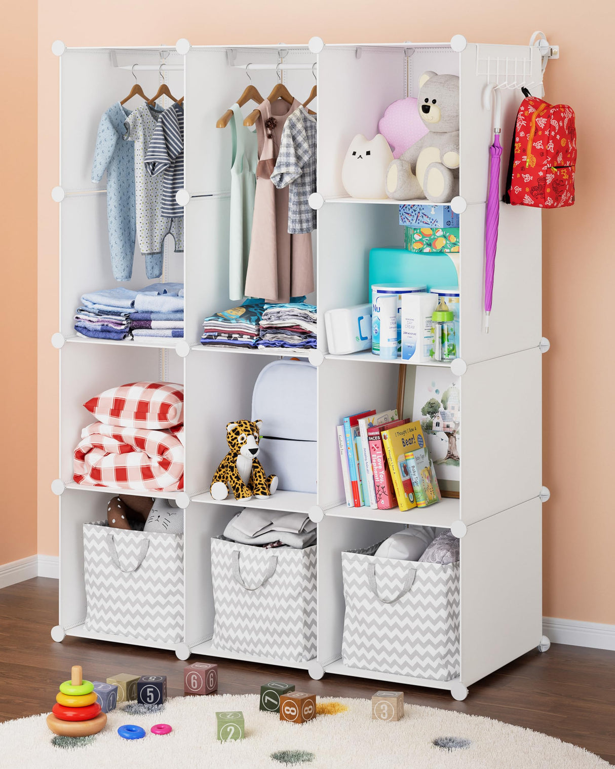 CUBEDIY Baby Closet Organizer for Nursery: Durable Baby Wardrobe for Closet - Customizable Baby Dresser Amoire Shelves - Waterproof Shelf Clothes Organizer w/Wall Fixation (White) CUBEDIY