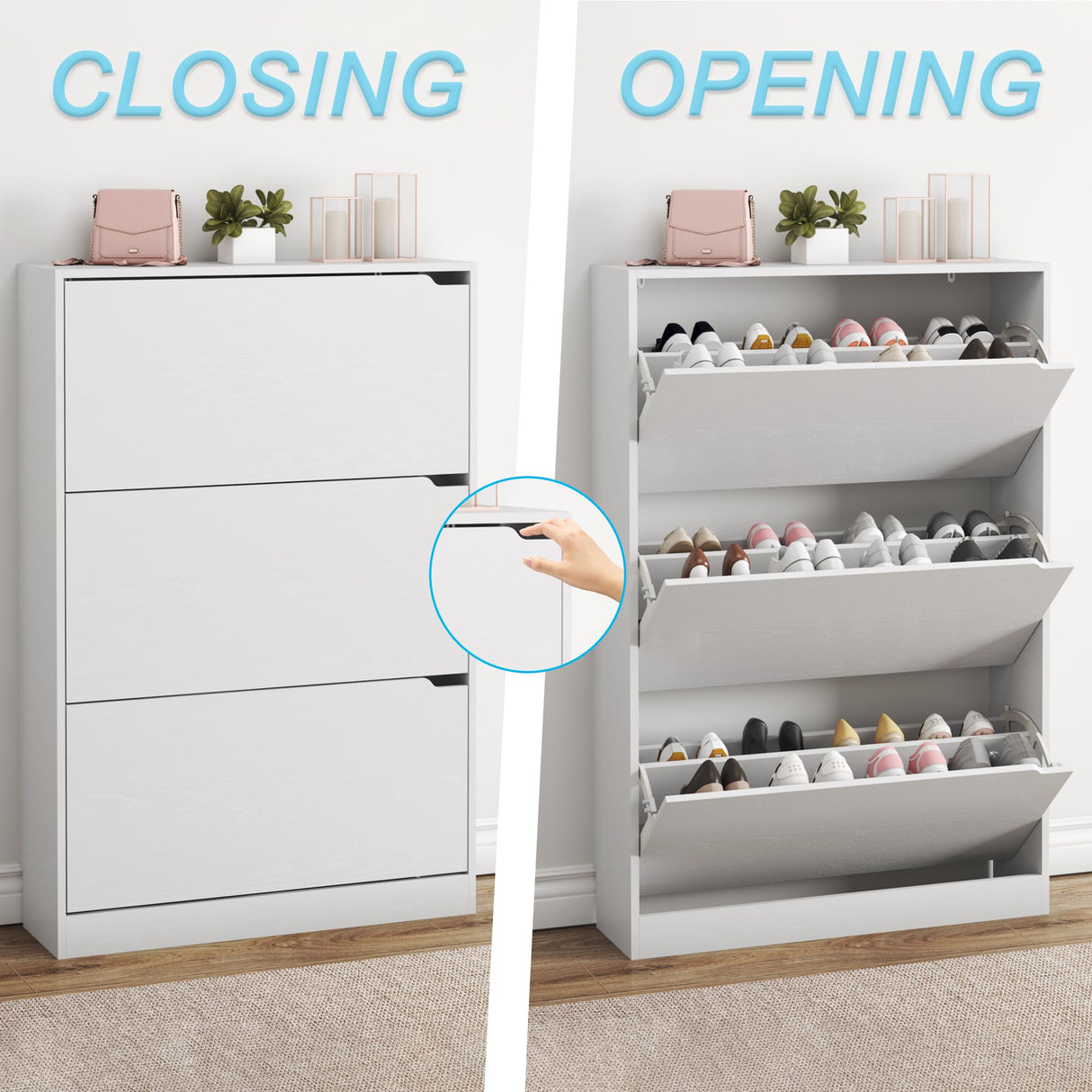 BORNOON Shoe Cabinet with 3 Flip Drawers, Hidden Wood Shoe Cabinet,Freestanding Shoe Storage Cabinet for Entryway Hallway.White. 47.2" H*31.5" W*9.25" D. BORNOON