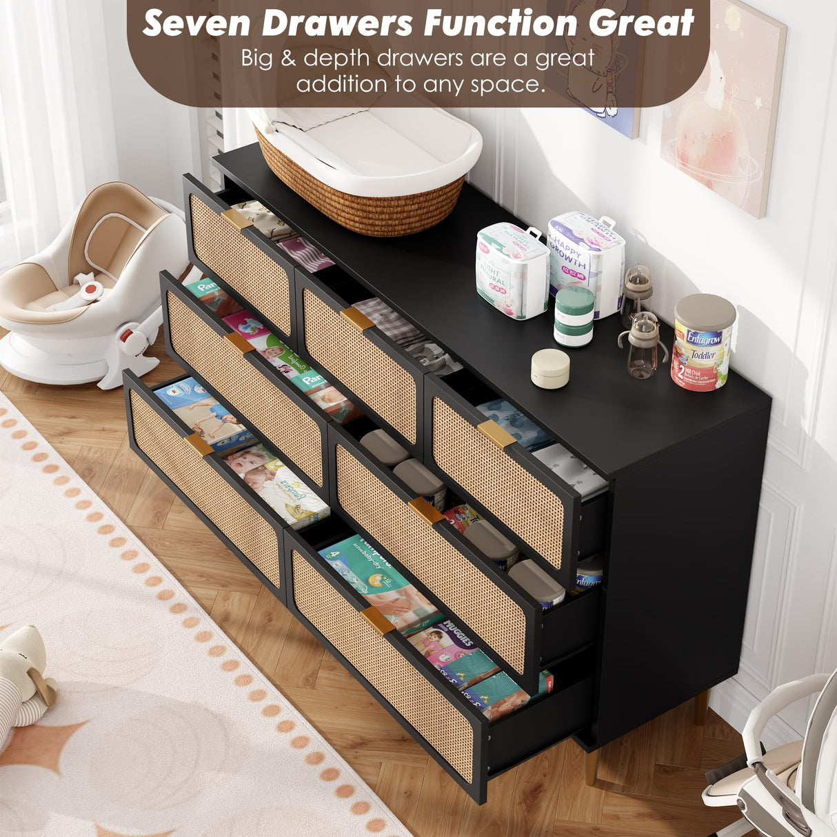 GarveeHome Rattan 7 Drawer Dressers for Bedroom, Tall Dresser with Deep Drawers, Large Chest of Drawers for Closet with Wide Top, Long Wooden Dresser for Living Room, Hallway, Kids Room, Black GarveeHome