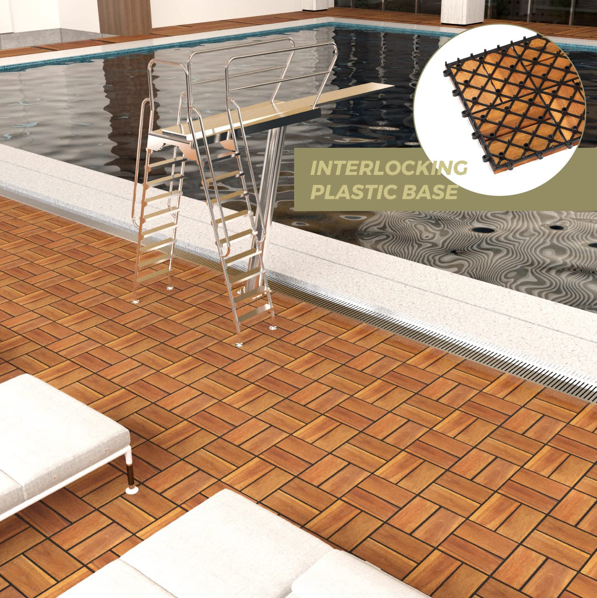 Interlocking Deck Tile (Pack of 10, 12"x12") Acacia Hardwood Deck Tile, Interlocking Patio Tile in Solid Acacia Wooden Oiled Finish Waterproof All Weather (12x12x0.85 inch, 8 Slat on Each Tile) LOAQUA