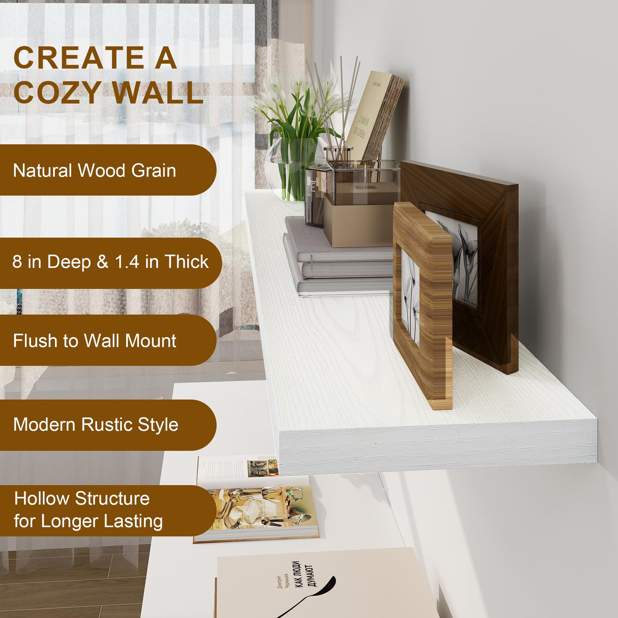 55 Inch Floating Shelf - Rustic Wood Shelves for Wall - 8 Inch Deep Floating Shelves - 55 Inch Fireplace Mantel Shelf - Wall Mounted Wooden Display Shelf- White - Set of 1 Fun Memories