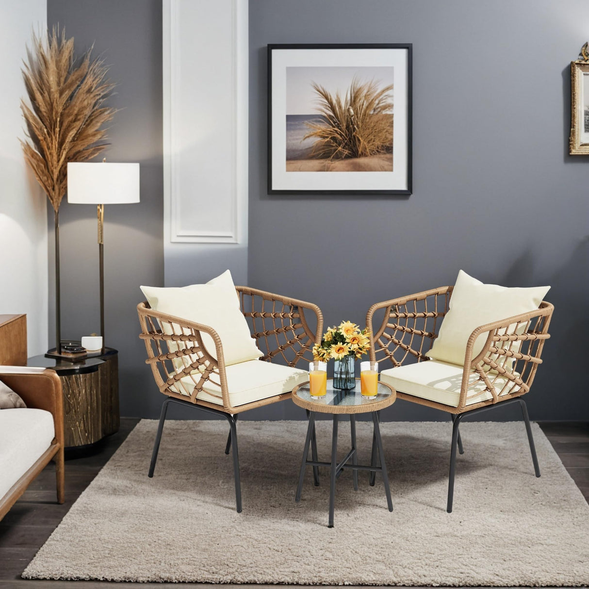 YITAHOME Accent Chairs Set of 2, Wicker Arm Chair with Soft Cushion, Comfy Living Room Chairs Mid-Century Modern Reading Chairs with Side Table for Living Room, Bedroom, Balcony, Beige YITAHOME