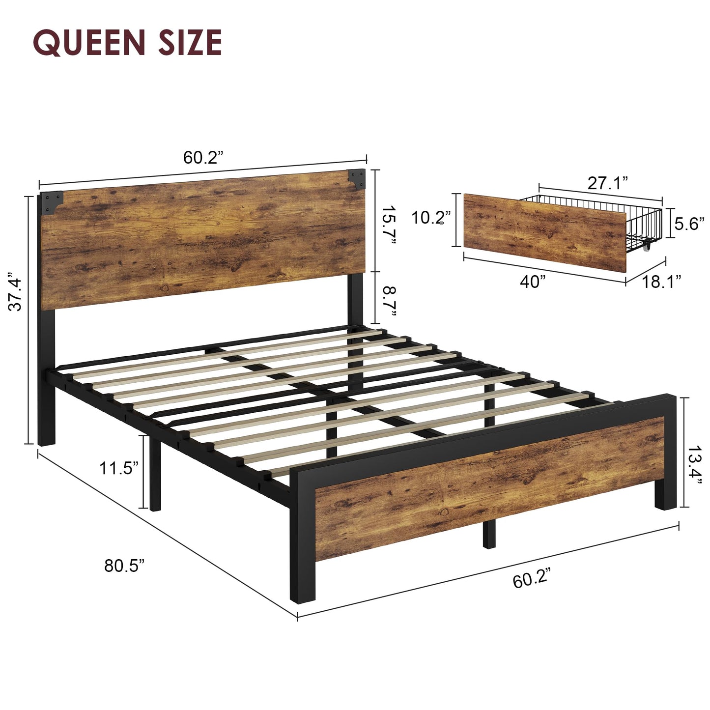 IDEALHOUSE Rustic Brown Queen Bed Frame with 4 Storage Drawers and Wooden Headboard - WoodArtSupply