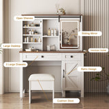 Legendstone Makeup Vanity Desk with Sliding Mirror and Lights, Farmhouse 42'' Tabletop Vanity Table with Drawers & Shelves & Power Outlet & Stool, Rustic Big Vanity Set for Bedroom,Antique White Legendstone