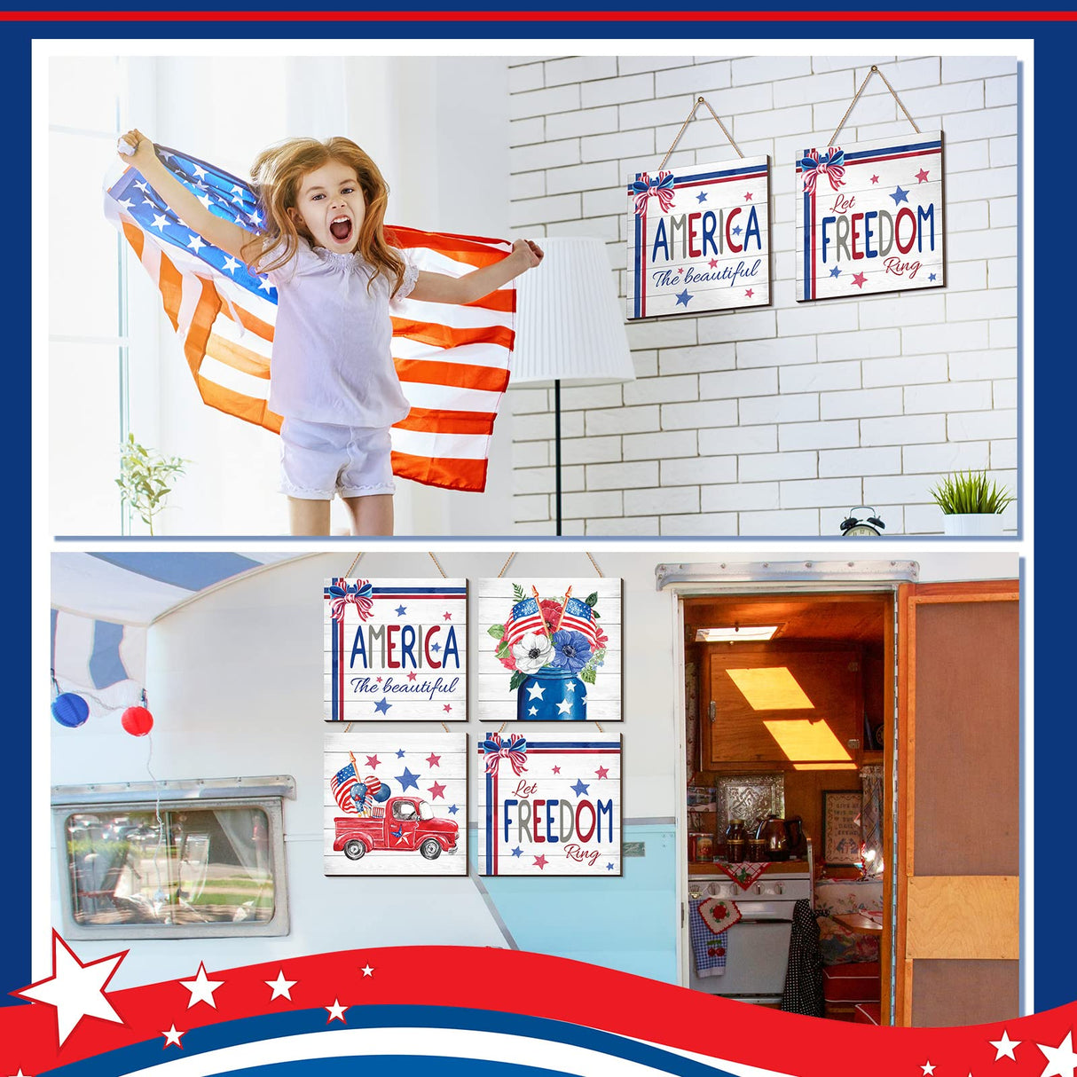 4 Pcs 4th of July Sign Rustic Wood Decor Farmhouse Patriotic Decor America Wall Hanging Plaque Red Blue White Wooden Wall Decor for Home Front Door Kitchen Office School, 7.87 x 7.87 Inch Purpeak
