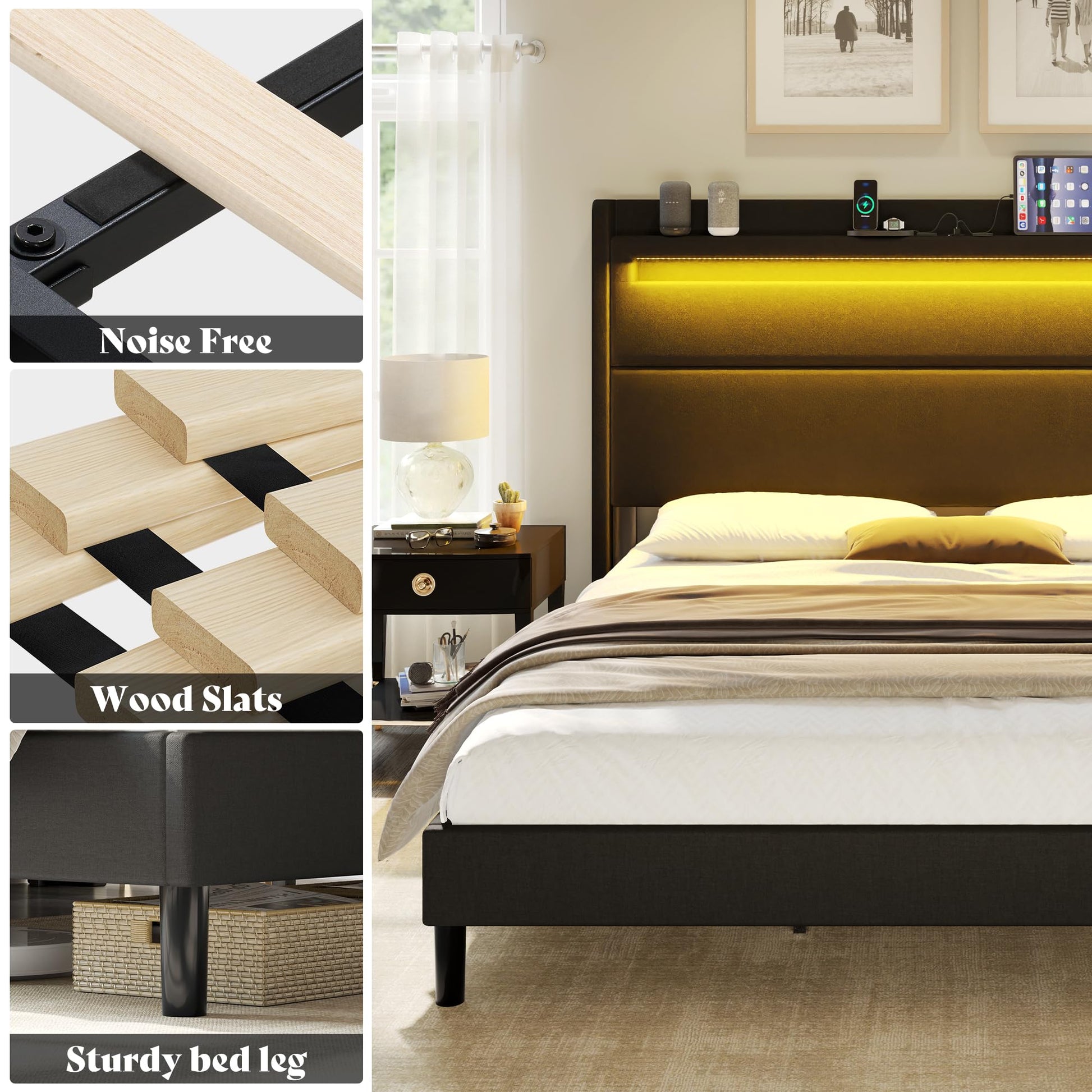 AMERLIFE LED Wingback King Bed Frame with USB Ports & Storage in Black - WoodArtSupply