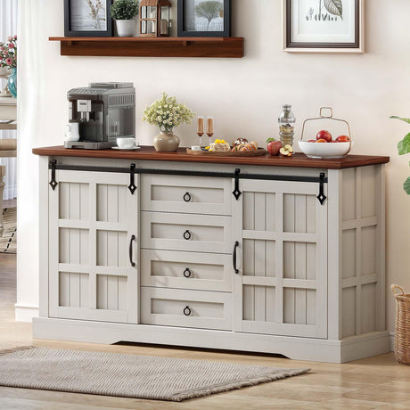 DWVO Farmhouse Sideboard Buffet Cabinet with Storage, Large Kitchen Cabinet w/Sliding Barn Doors and 4 Drawers, for Dining Room, White DWVO