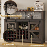 PUKAMI 55" Farmhouse Coffee Bar with LED Lights, Coffee Bar Cabinet with Storage and Hutch, Wine Bar with Sliding Barn Door & Wine and Glass Rack for Living Room, Kitchen (Brown) PUKAMI