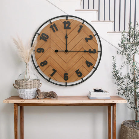Micasso Large Farmhouse Wall Clock: 27 Inch Rustic Antique Wood Silent Battery Operated Clock with Metal Circle and Large Numerals for Living Room/Bedroom/Office Micasso