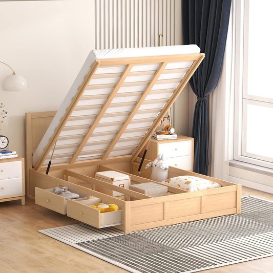 Bellemave Lift Up Storage Full Bed with Drawers and Headboard in Natural Wood - WoodArtSupply