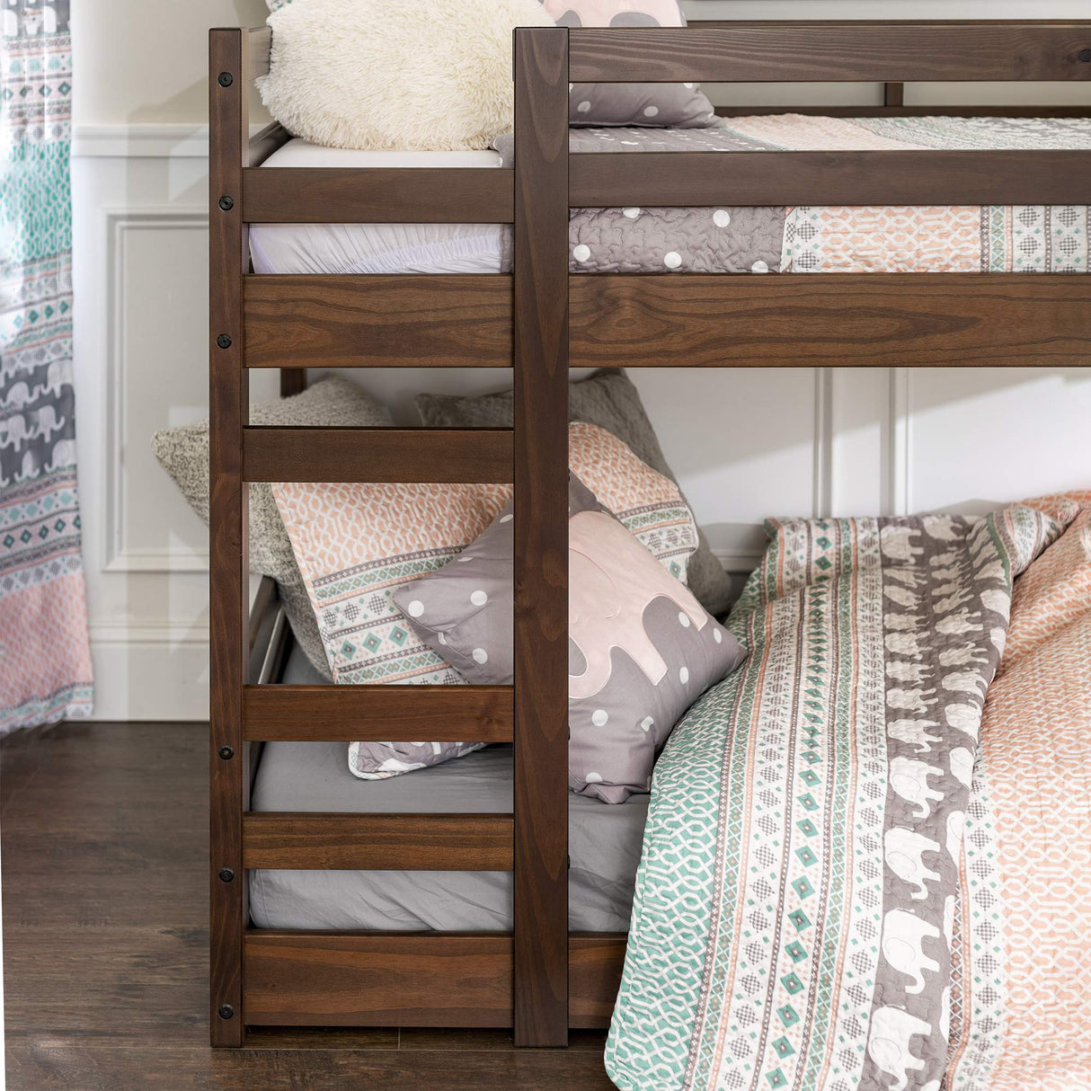 Walker Edison Walnut Solid Wood Twin over Twin Bunk Bed with Integrated Ladder and Guardrails Walker Edison