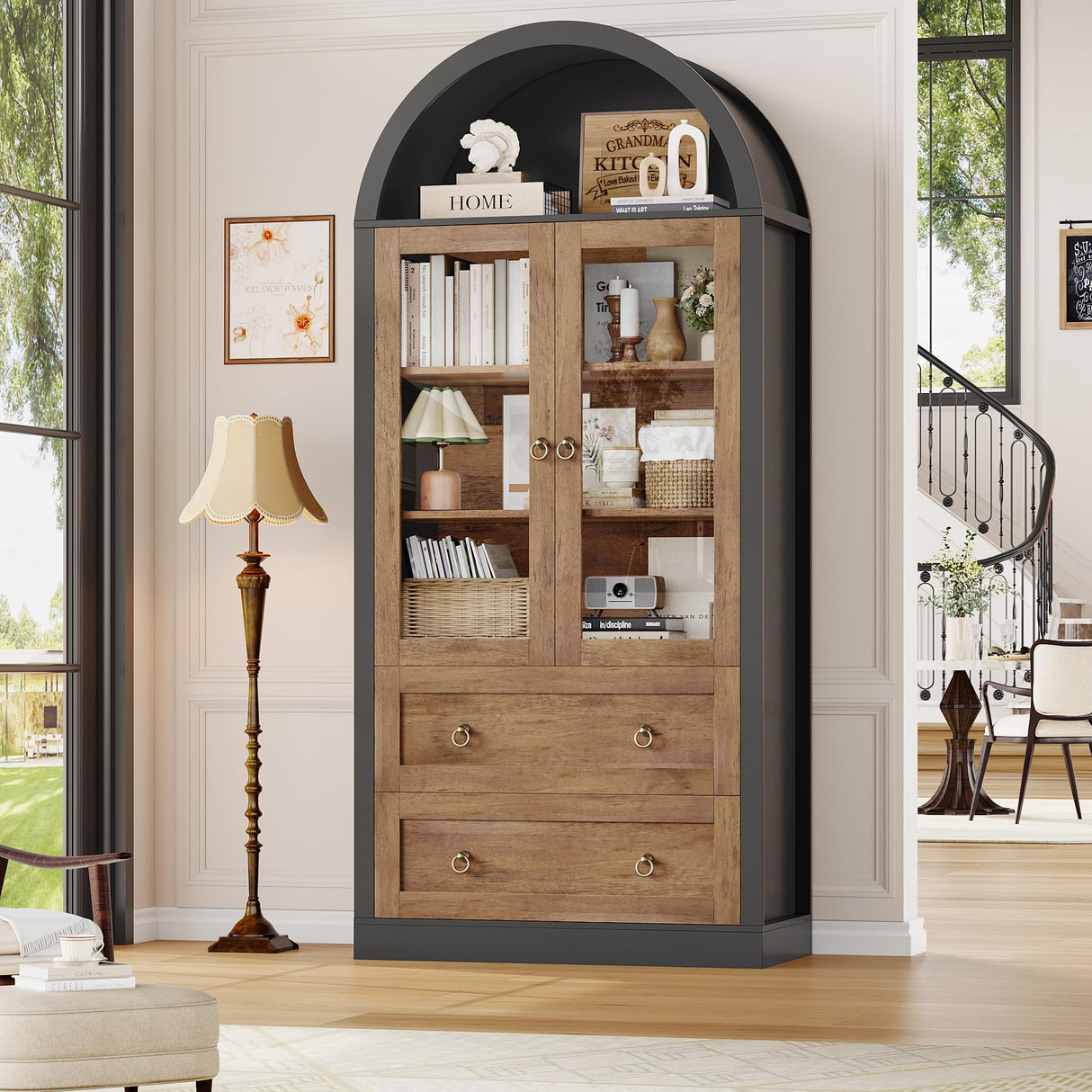FINETONES 70" Arched Pantry Cabinet, Farmhouse Kitchen Pantry Arched Cabinet with Glass Doors and 2 Drawers, Versatile Kitchen Hutch Storage Organizer for Dining Room, Black/Brown FINETONES