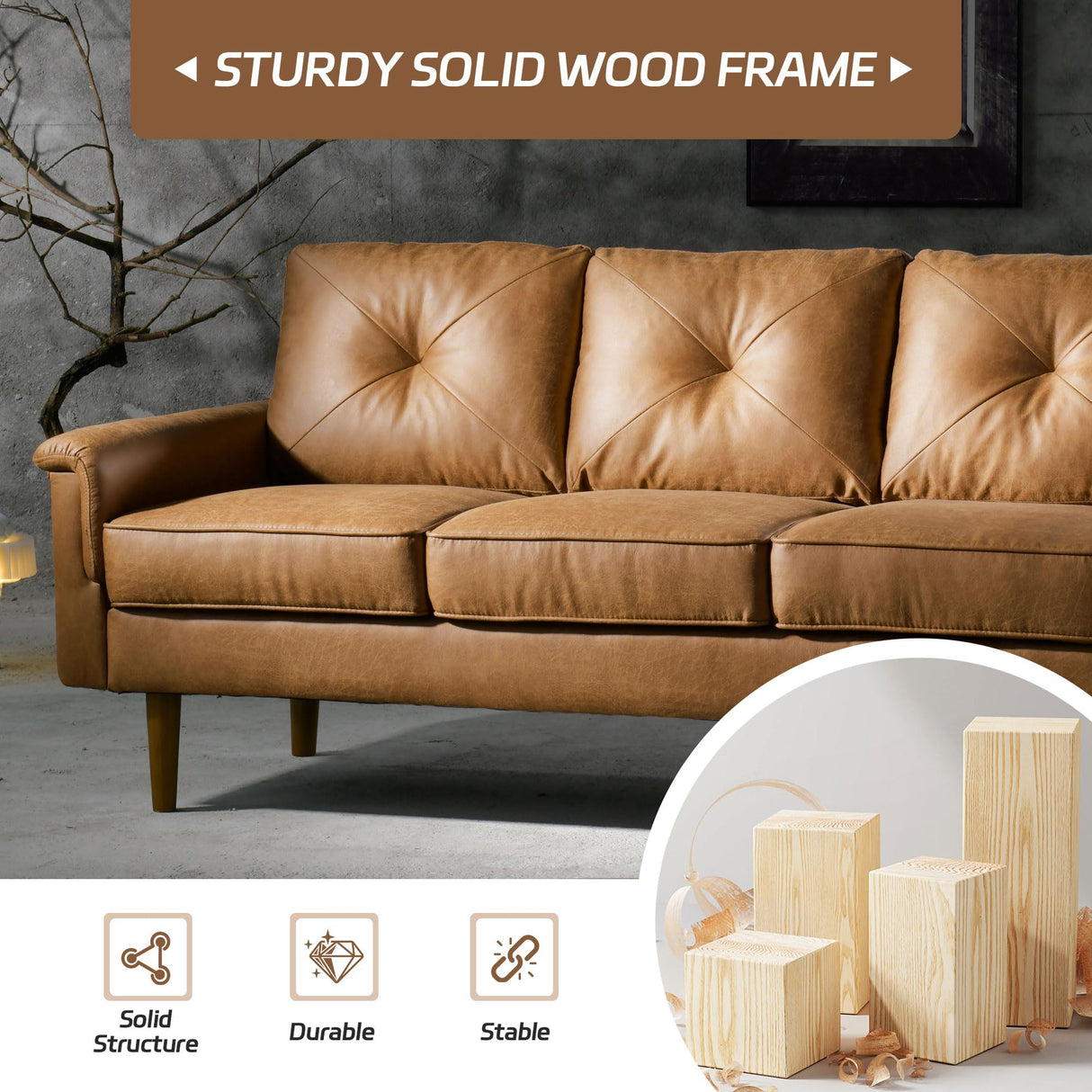 72'' 3-Seater Deep Seat Sofa Couch, Mid-Century Modern Couch, Brown Faux Leather Small Couch for Apartment, Living Room, Bedroom(Light Brown) weaxty W