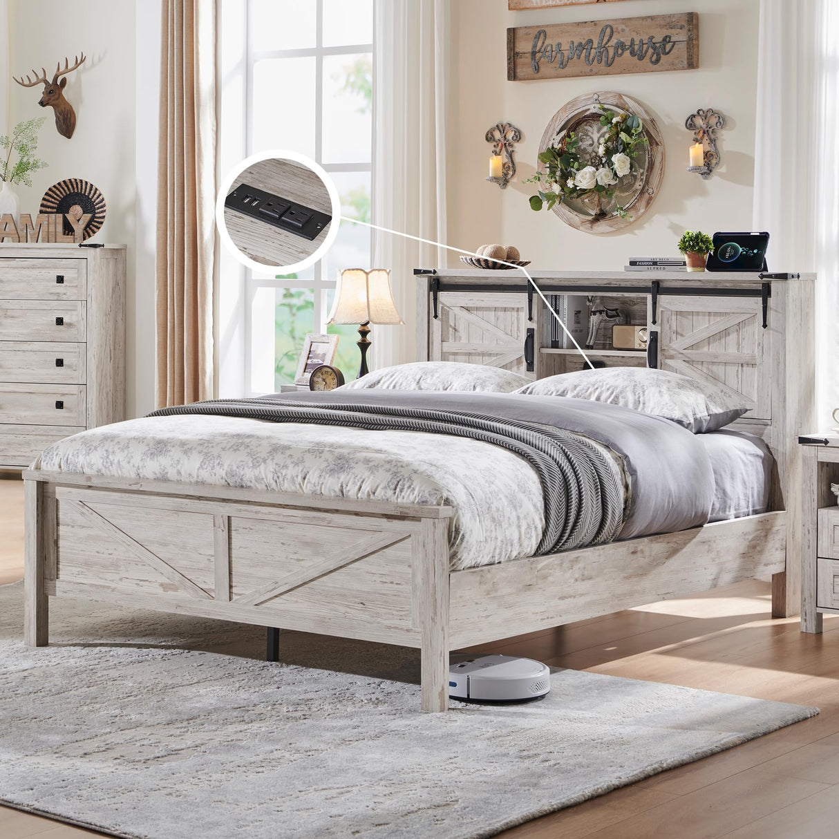 T4TREAM Farmhouse Full Size Bed Frame w/Storage Bookcase Headboard, Sliding Barn Door, Charging Station, Rustic Wood Platform Bed w/Wood Slats Support, No Box Spring Needed, Antique Brush White T4TREAM