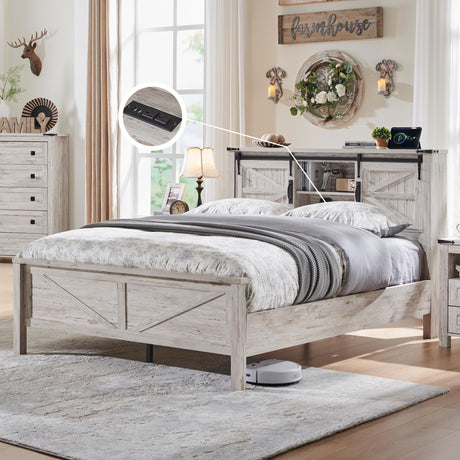 T4TREAM Farmhouse Full Size Bed Frame w/Storage Bookcase Headboard, Sliding Barn Door, Charging Station, Rustic Wood Platform Bed w/Wood Slats Support, No Box Spring Needed, Antique Brush White T4TREAM