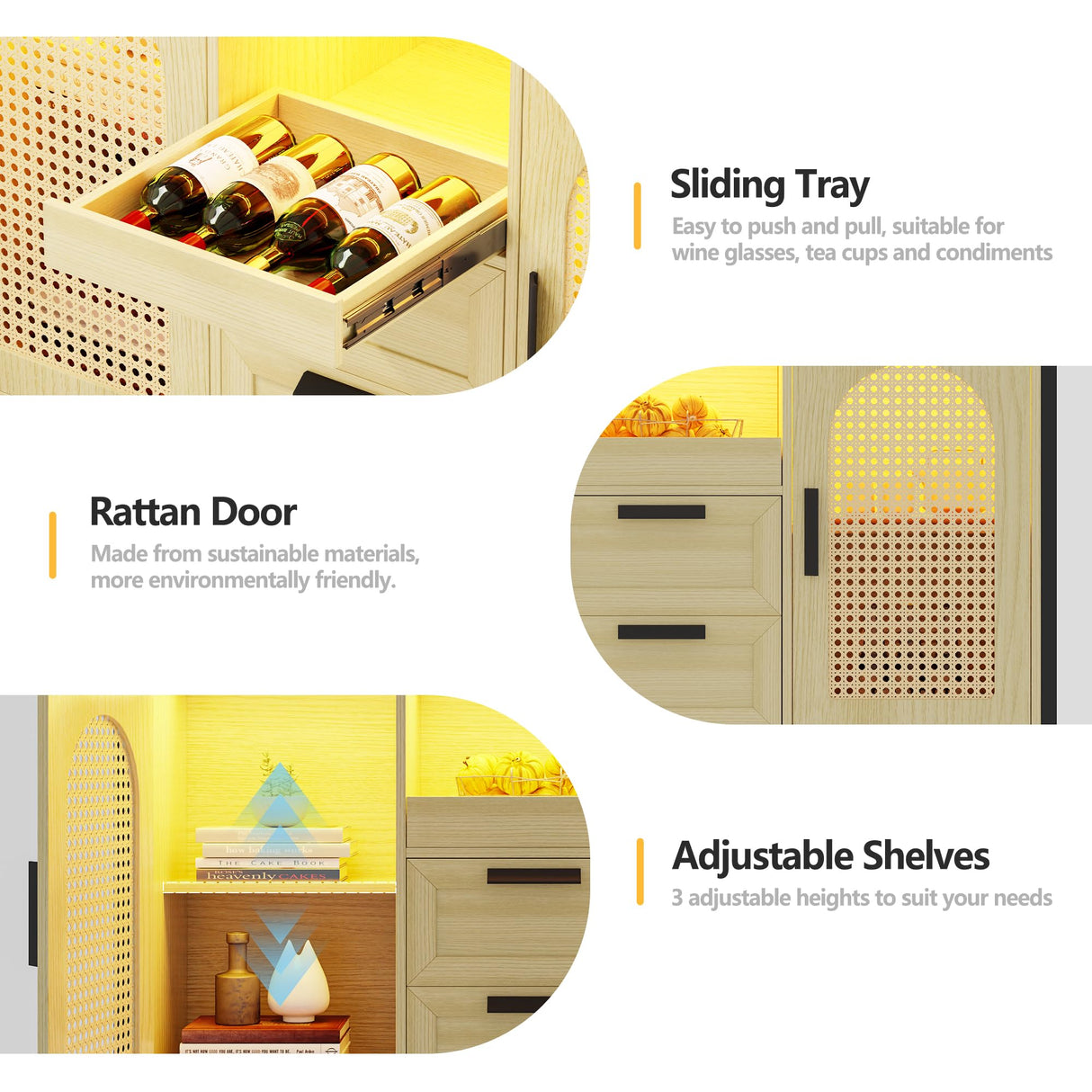 JDPAG 40” Rattan Sideboard Buffet Kitchen Storage Cabinet, LED Coffee Bar Cabinet with Charging Station, Cupboard Console Table with Adjustable Shelves (Natural) JDPAG