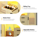 JDPAG 40” Rattan Sideboard Buffet Kitchen Storage Cabinet, LED Coffee Bar Cabinet with Charging Station, Cupboard Console Table with Adjustable Shelves (Natural) JDPAG