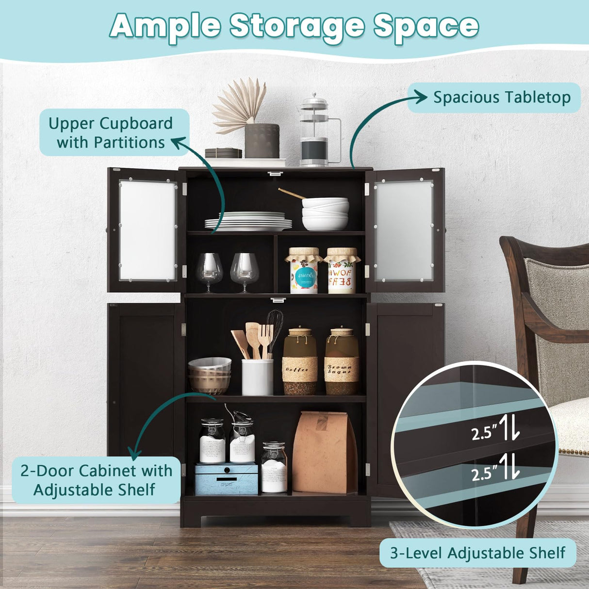 COSTWAY Brown Wooden Bathroom Storage Cabinet with Adjustable Shelf and Doors COSTWAY